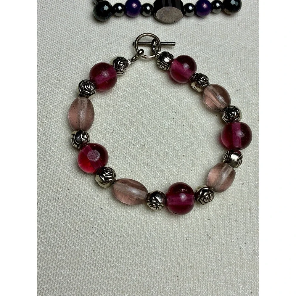 Black Purple Beaded Stretch Bracelet Hematite Glass Crystal Fashion Jewelry